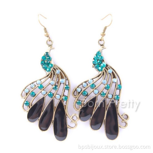 1pair Earrings Vintage Style Diamond Rhinestone Peacock Shape